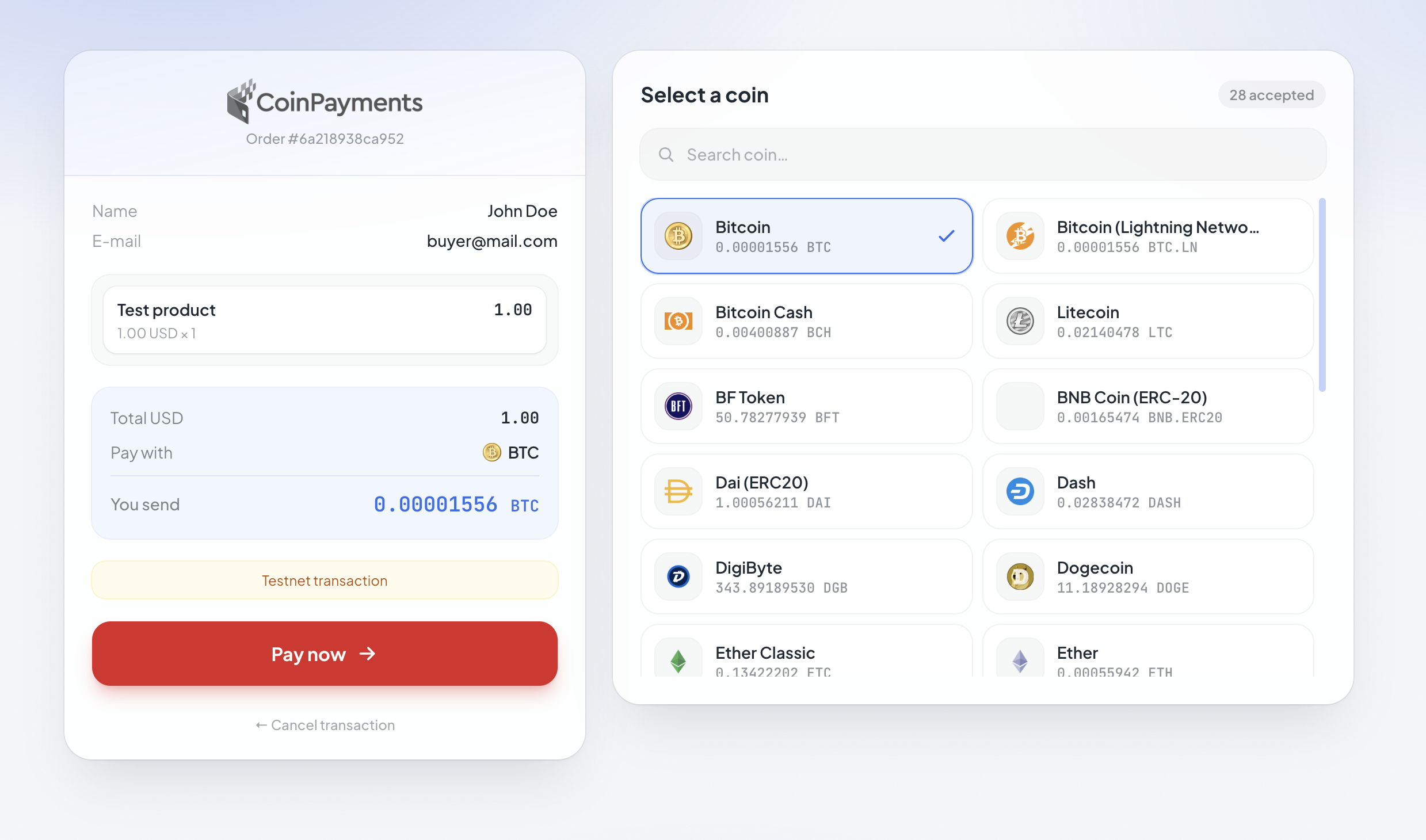 CoinPayments crypto checkout page