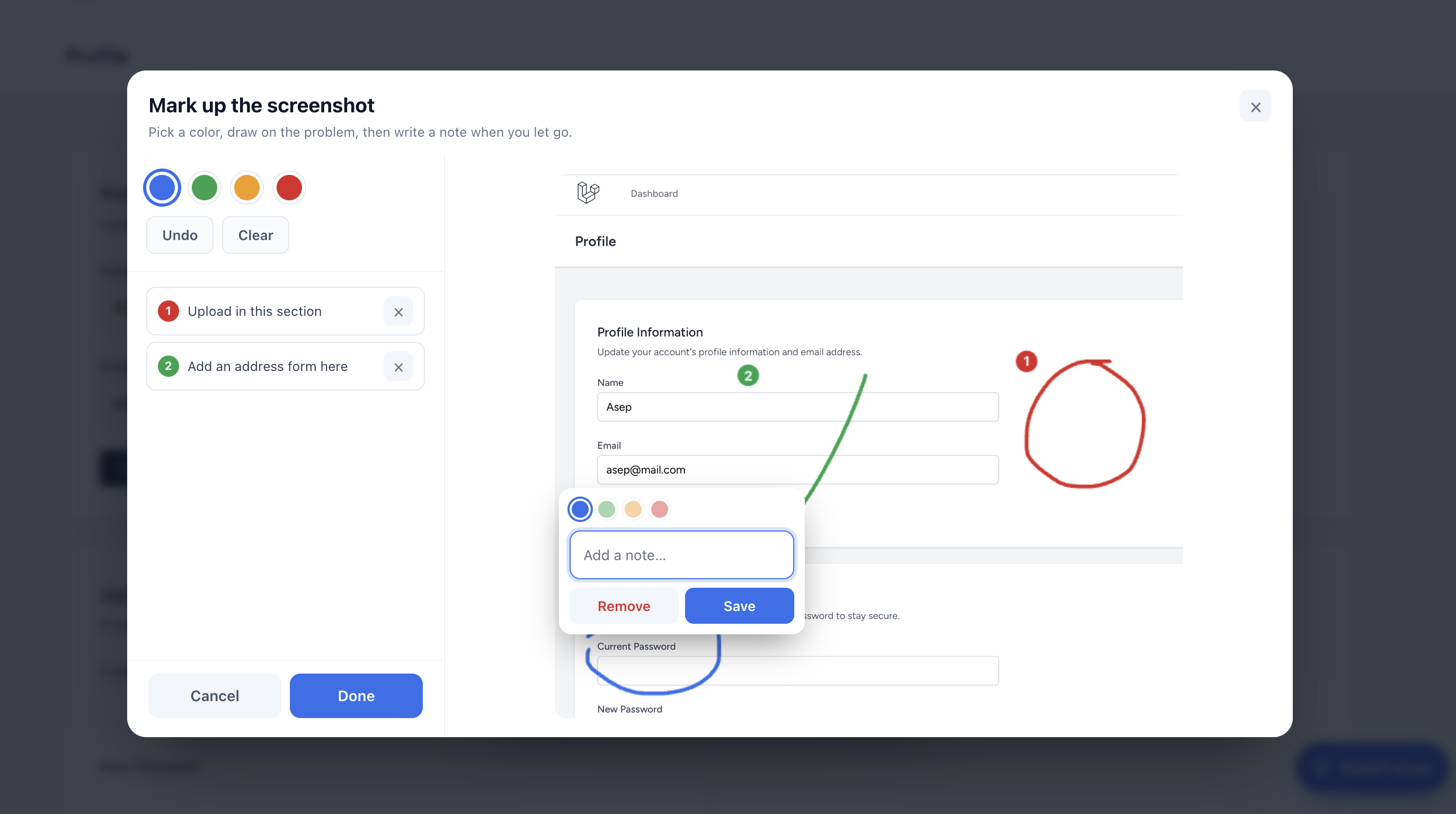 Drawing on a screenshot and adding a note