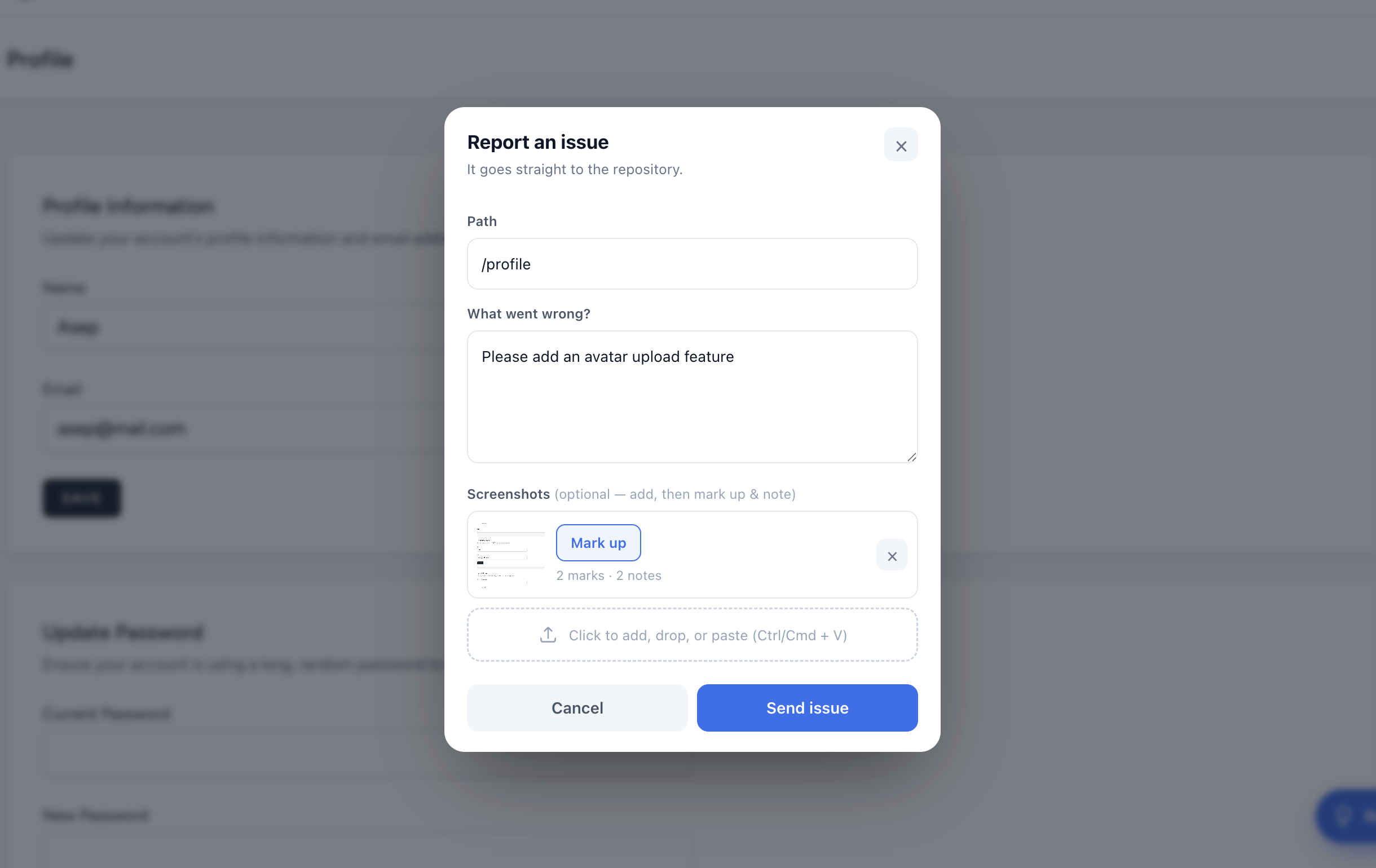 The Report an issue form a client sees on any page