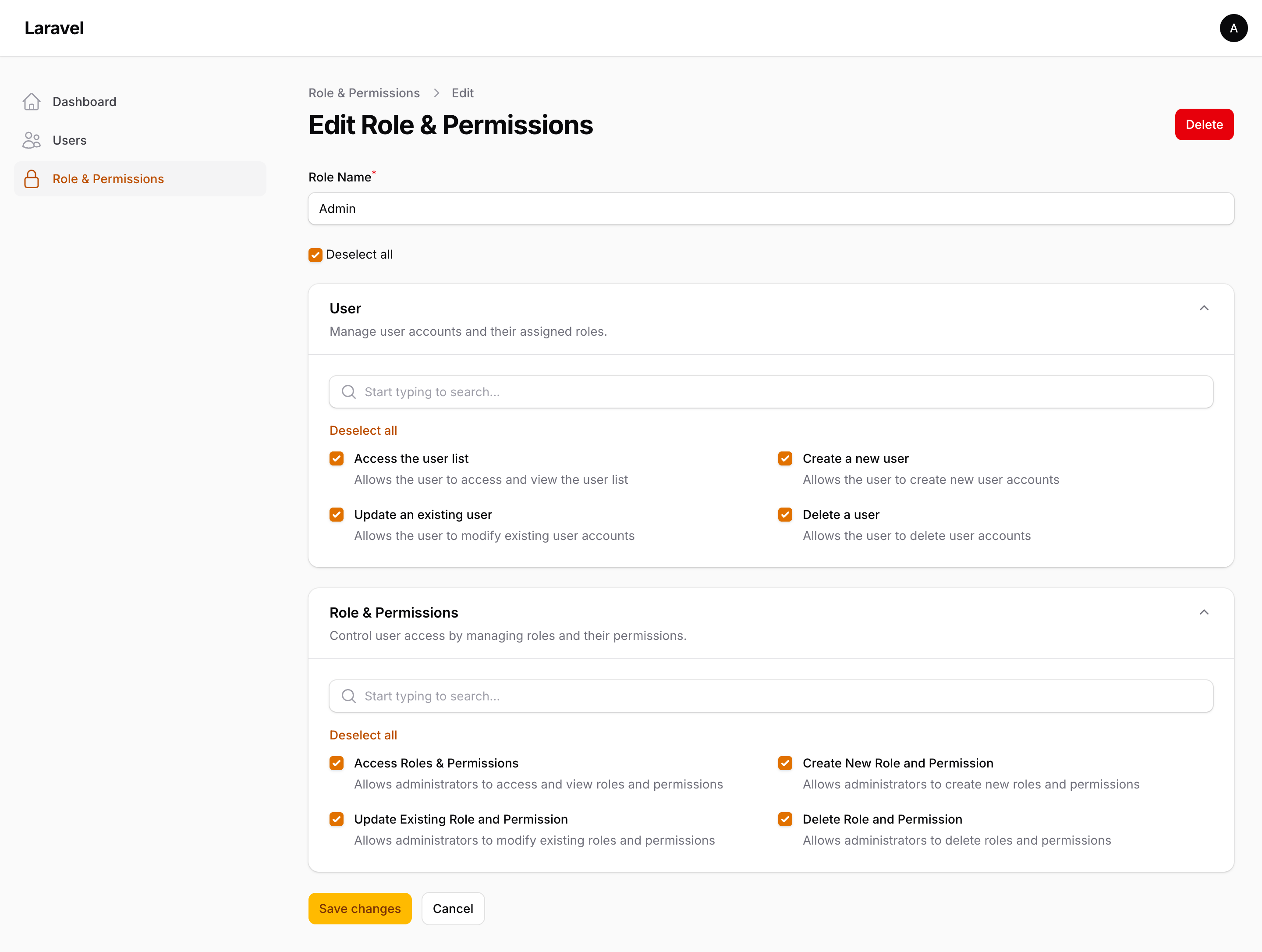 Editing a role and toggling its permissions in Filament Hexa